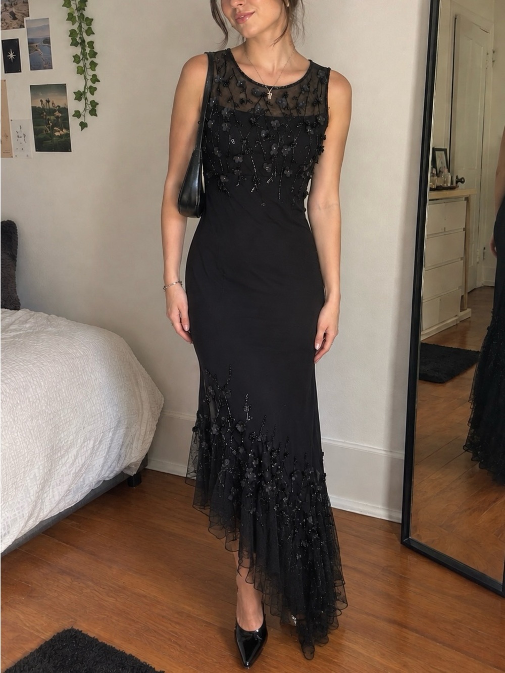 Vintage Joseph Ribkoff 90s Black Embellished  Beaded Mesh Evening Dress Prom